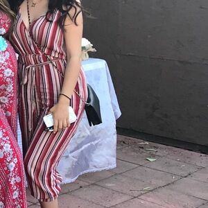 Cream and Red Striped Jumpsuit with V-Neck
